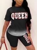 LW Trendy Gradient Letter Print Black Two Piece Shorts Set