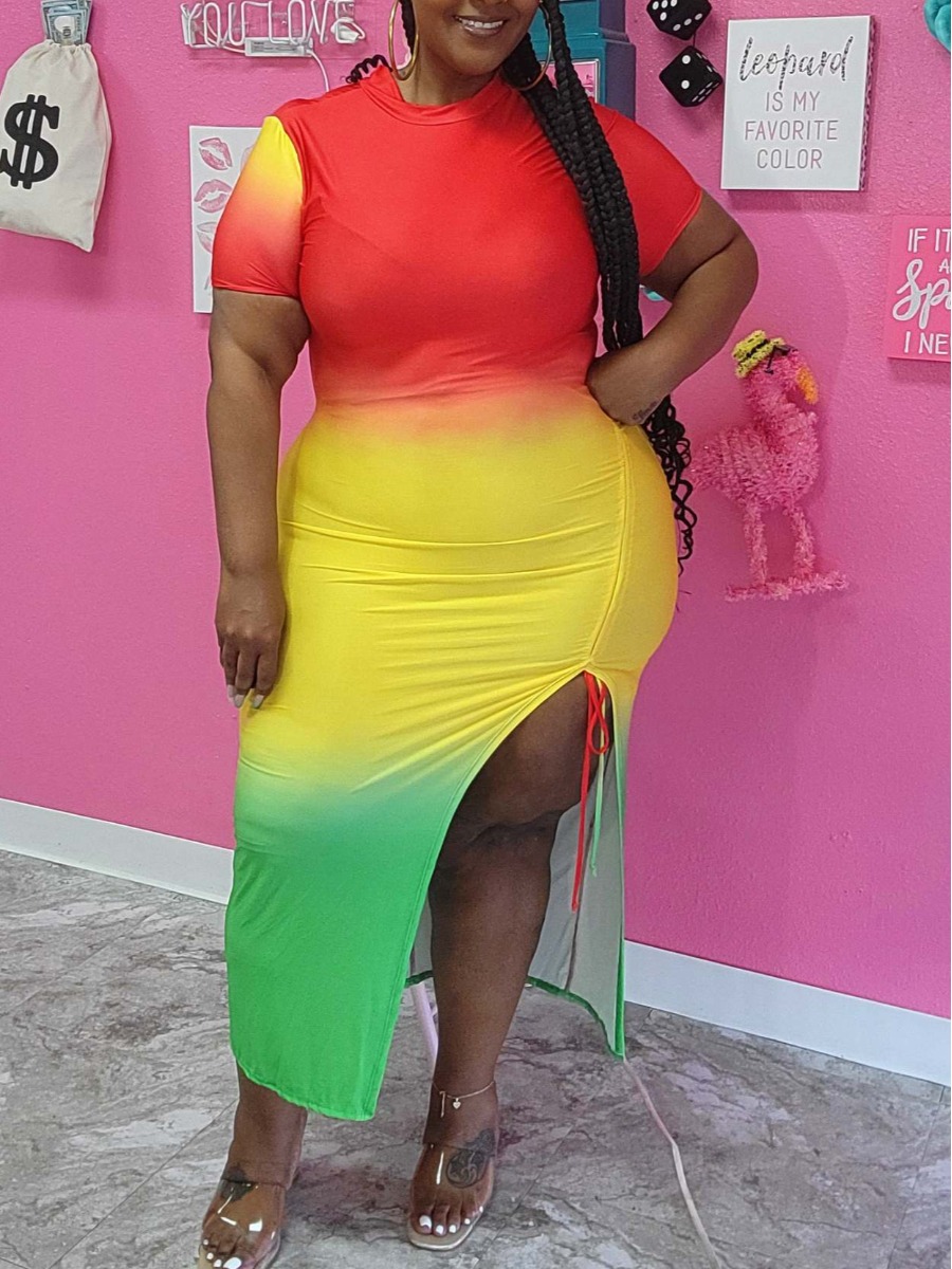 

Lovely Plus Size Boho Gradient Drawstring Red Ankle Length Dress