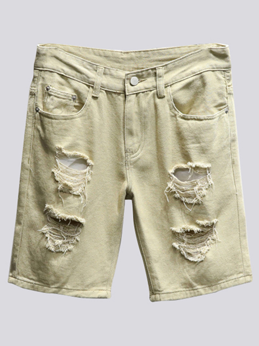 

Lovely Men Casual Mid Waist Ripped Khaki Denim Shorts