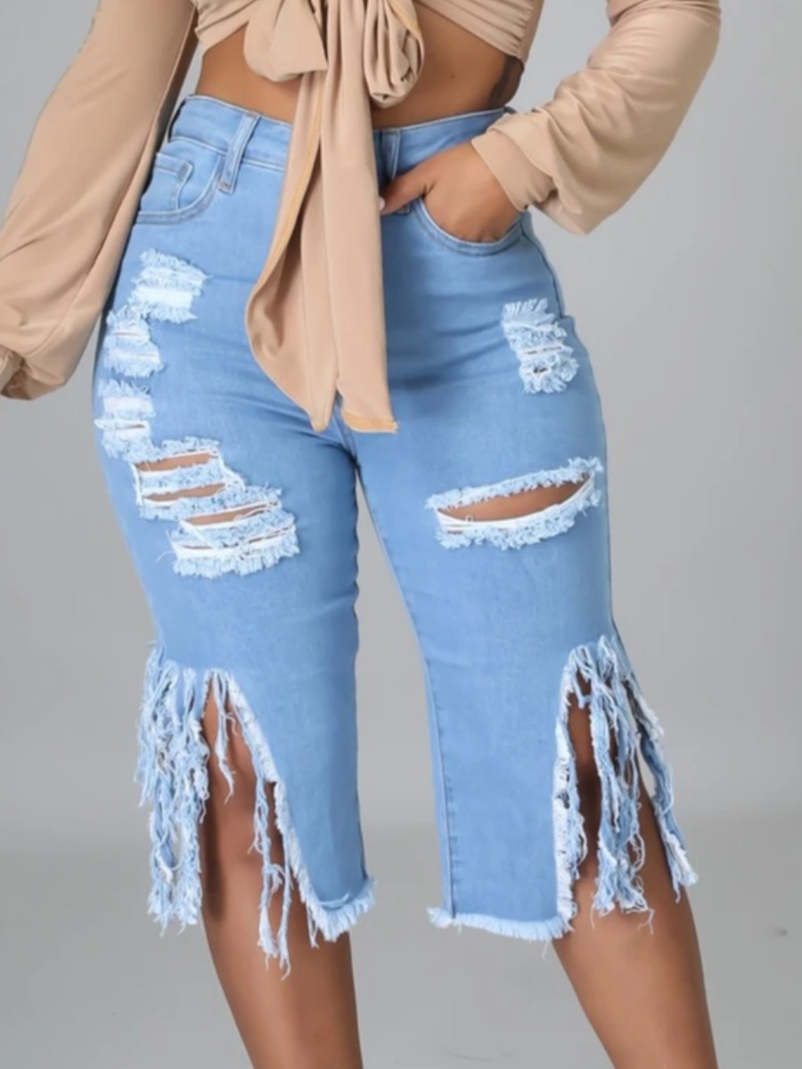 

LW Street Ripped Tassel Design Baby Blue Denim Shorts