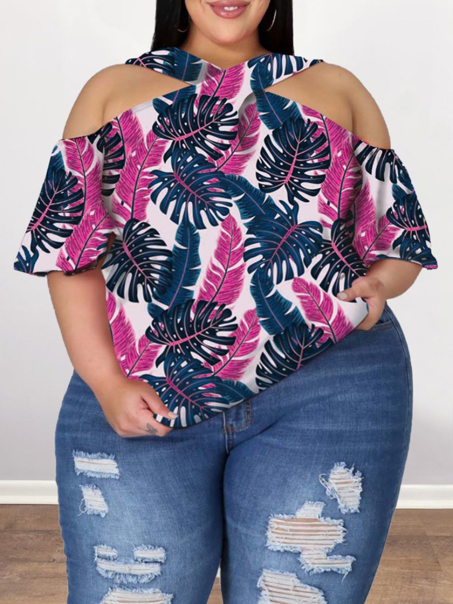 

Lovely Plus Size Boho Floral Print Hollow-out Deep Blue T-shirt