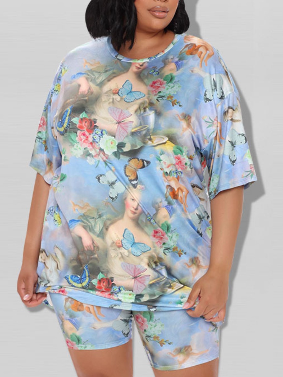 

LW Plus Size Casual O Neck Butterfly Print Blue Two-piece Shorts Set