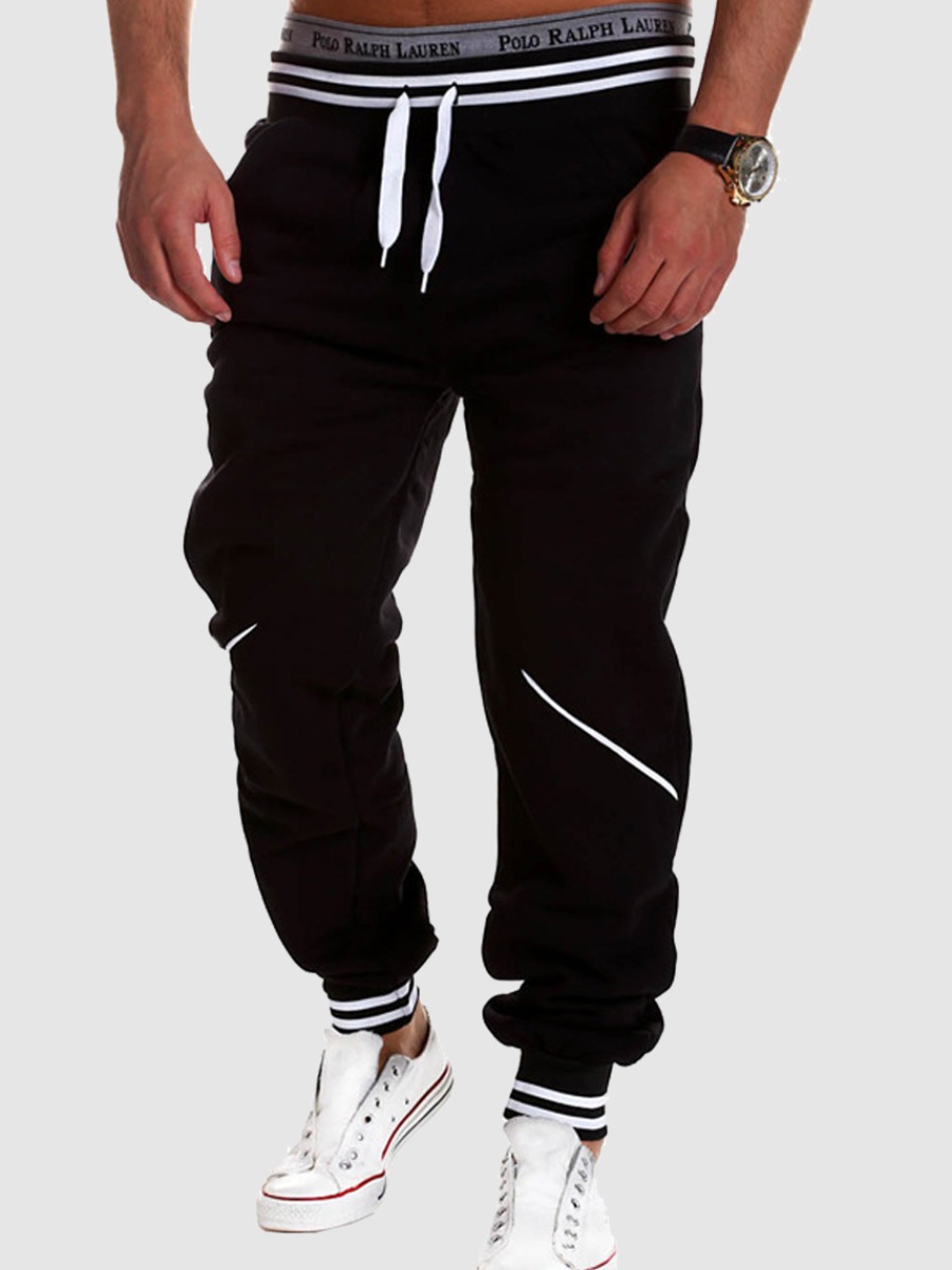 

Lovely Men Casual Striped Drawstring Black Pants