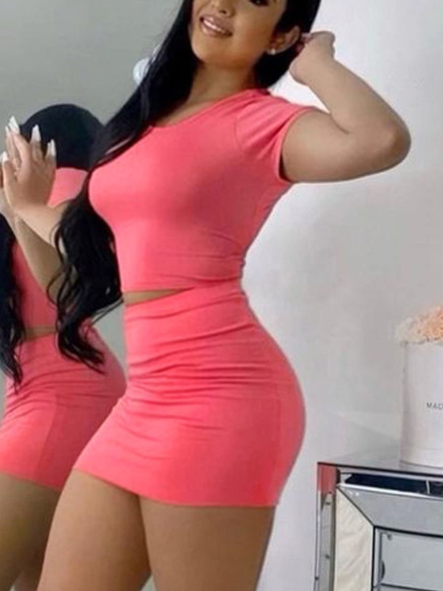 

Lovely Sexy O Neck Backless Pink Two Piece Skirt Set