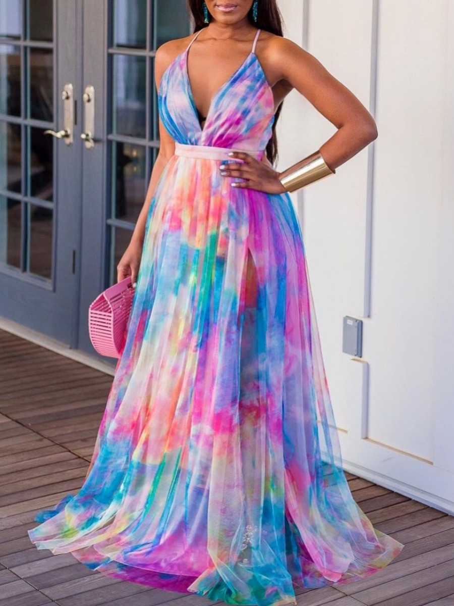 

Lovely Elegant Backless Tie-dye Blue Floor Length A Line Dress