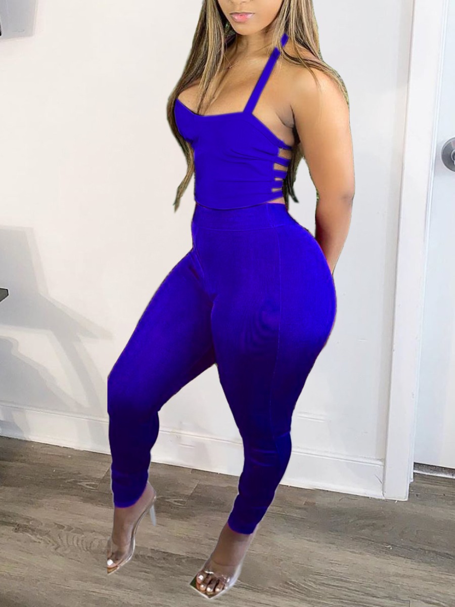 

Lovely Sexy Backless Bandage Design Blue Two Piece Pants Set