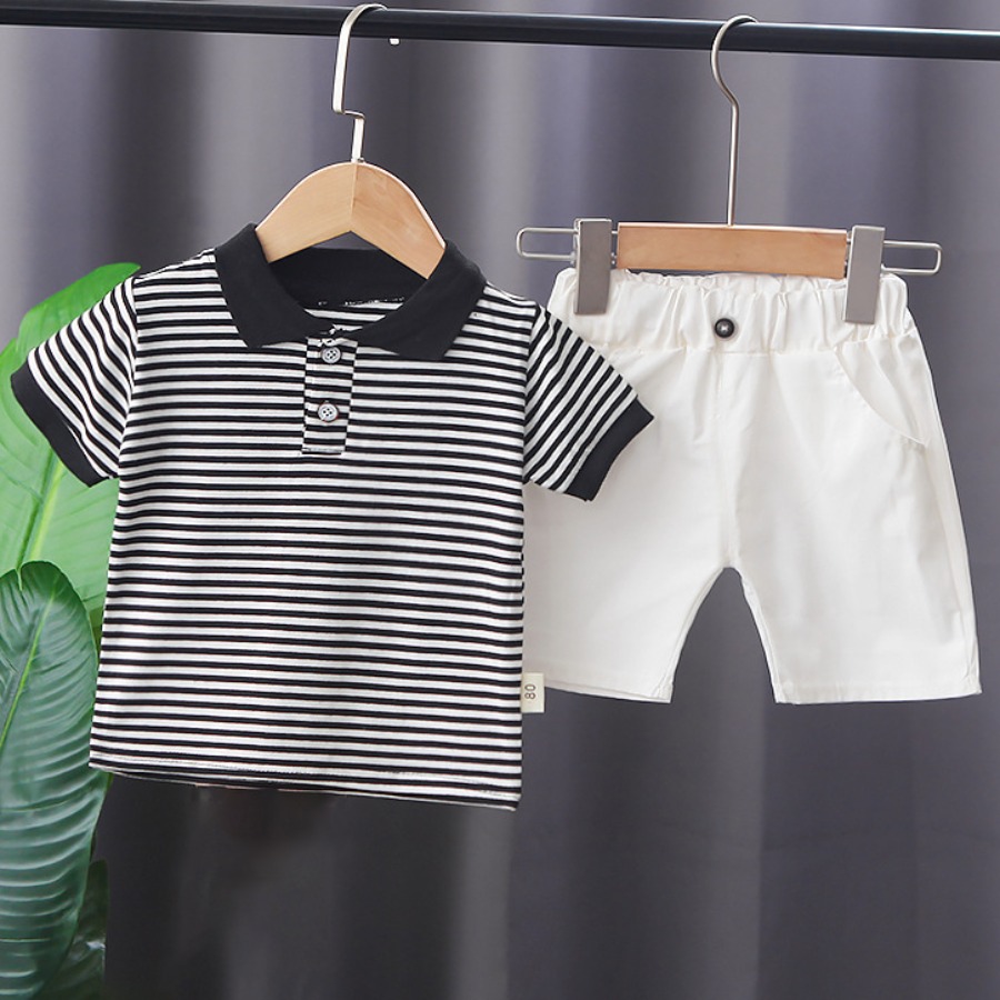 

LW Boy Casual Polo Collar Striped Black Two Piece Shorts Set