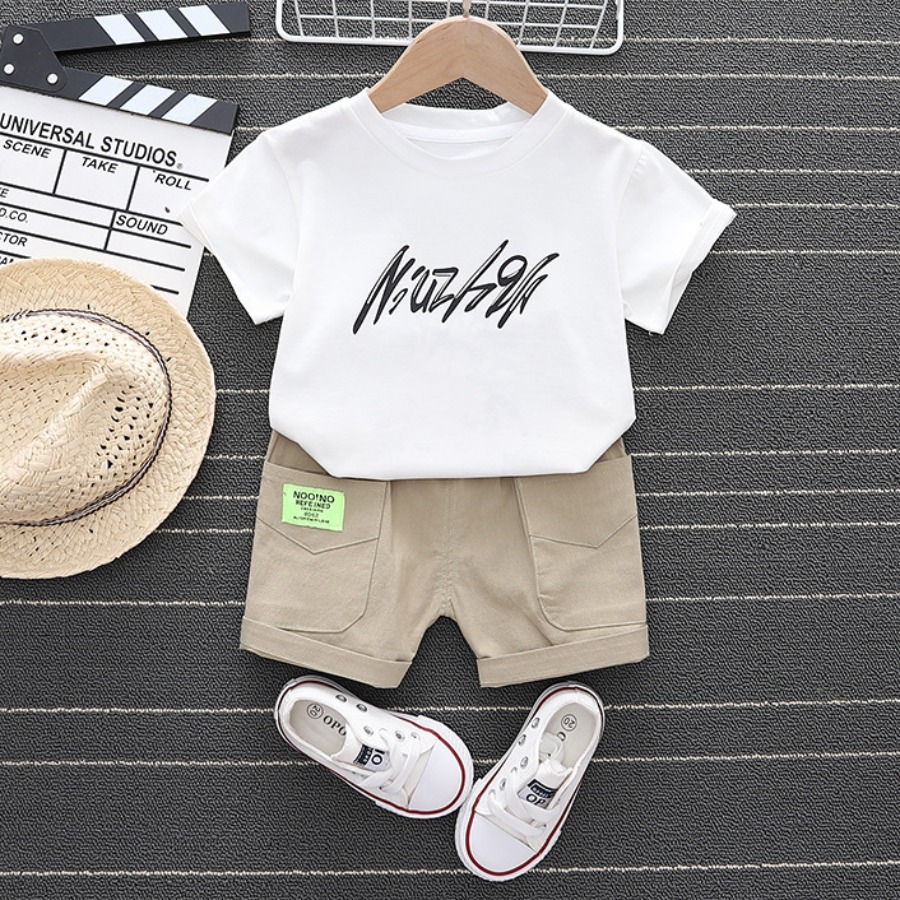 

Lovely Boy Casual Cartoon Letter Print White Two Piece Shorts Set