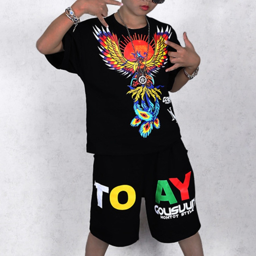 

Lovely Boy Street Letter Print Patchwork Black Two Piece Shorts Set