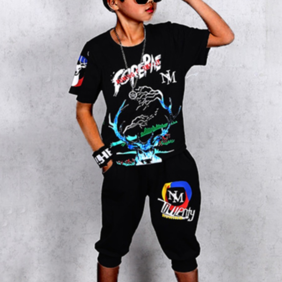 

Lovely Boy Street Graffiti Letter Print Black Two Piece Shorts Set