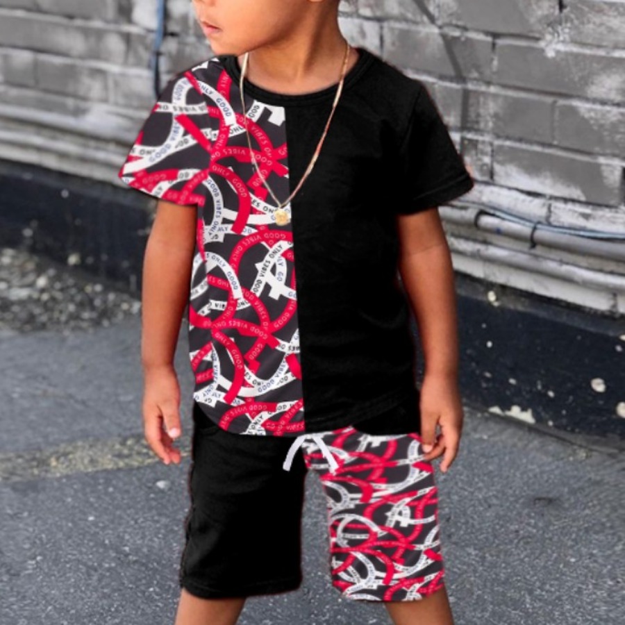 

Lovely Boy Street Letter Print Drawstring Black Two Piece Shorts Set