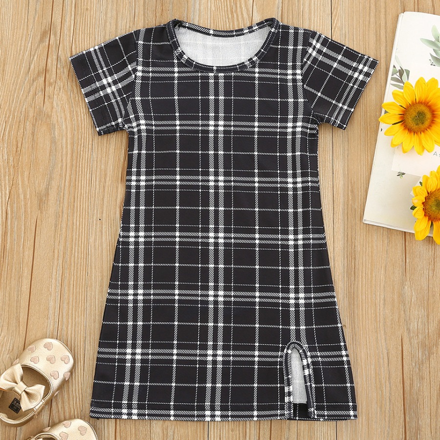 

Lovely Girl Casual O Neck Plaid Print Black Knee Length Dress