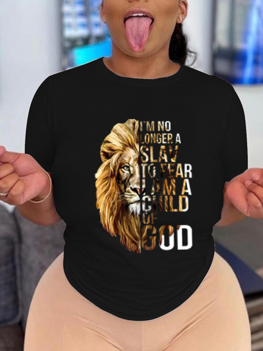 

Lovely Casual O Neck Lion Letter Print Black T-shirt