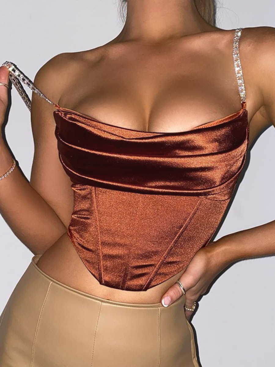 

Lovely Sweet Backless Chain Strap Brown Camisole