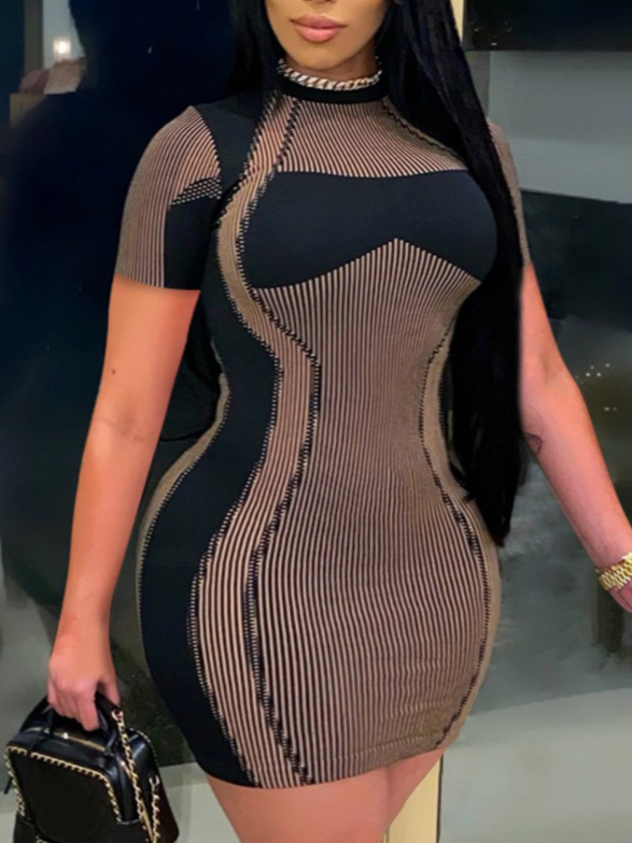 

Lovely Plus Size Casual Striped Patchwork Black Mini Dress