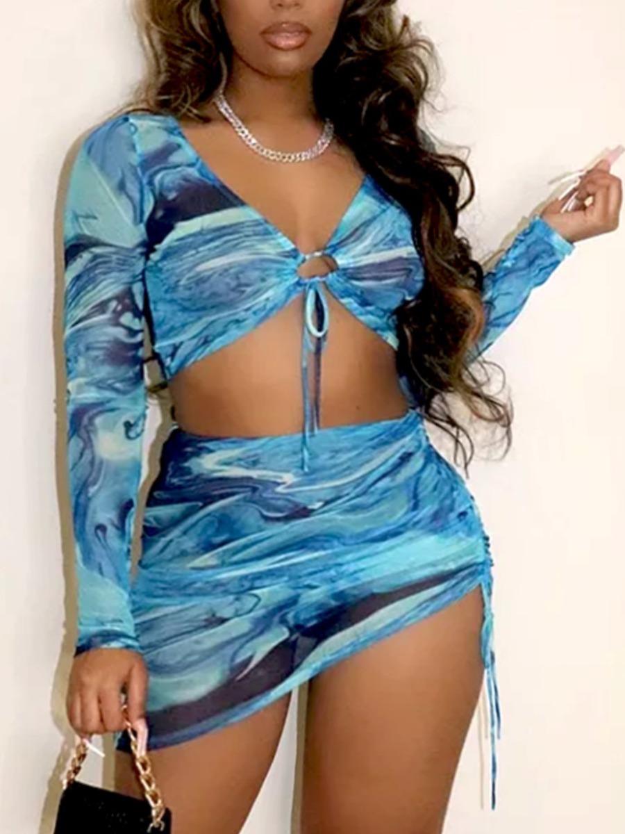 

Lovely Plus Size Sexy V Neck Print Drawstring Blue Two-piece Skirt Set