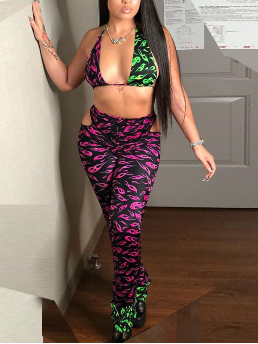 

LW Sexy Print Hollow-out Purple Two Piece Pants Set