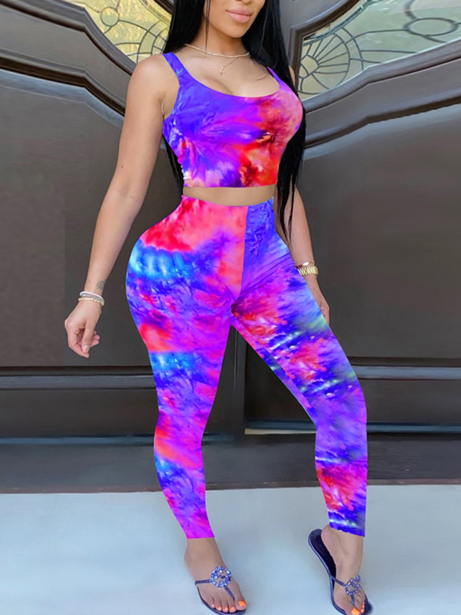 

Lovely Casual U Neck Tie Dye Purple Two Piece Pants Set