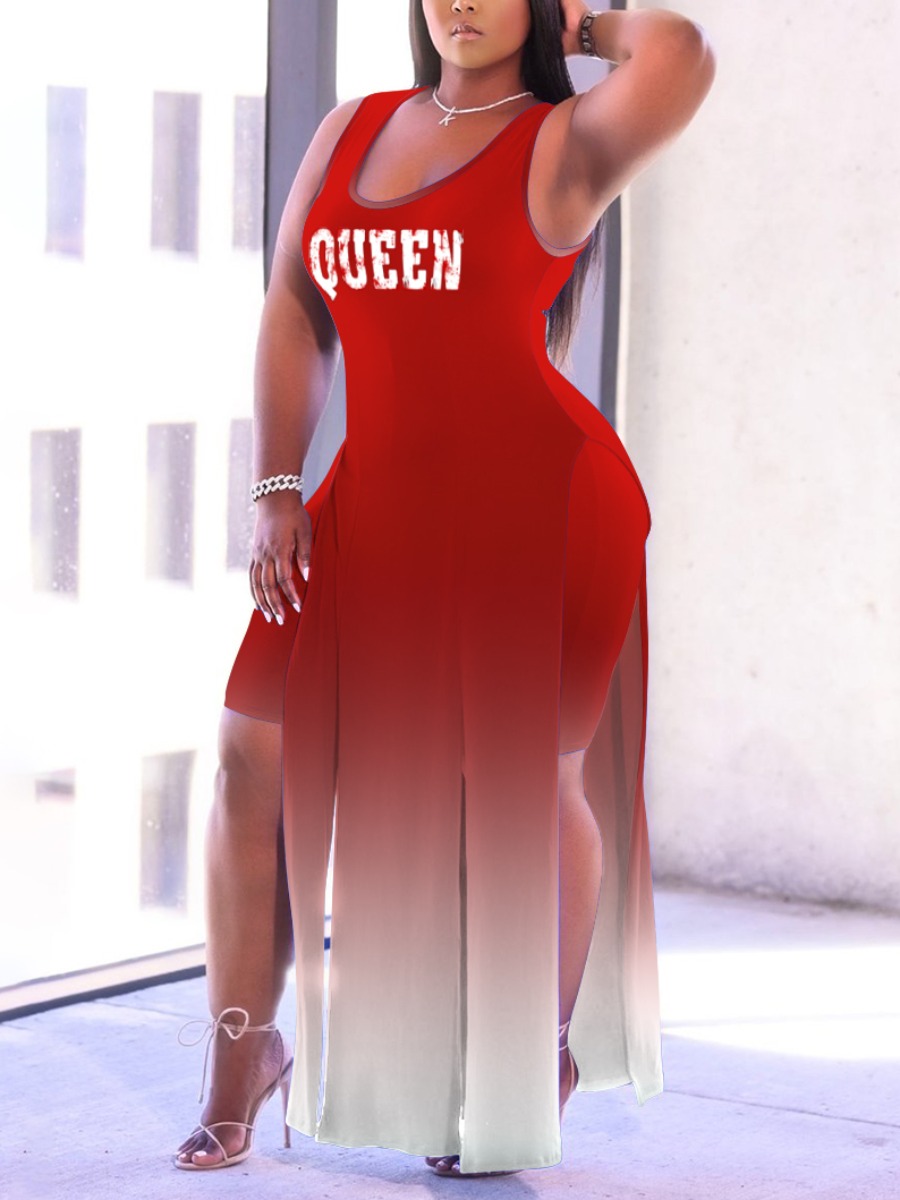 

Lovely Street Gradient Letter Print Split Red Two Piece Shorts Set