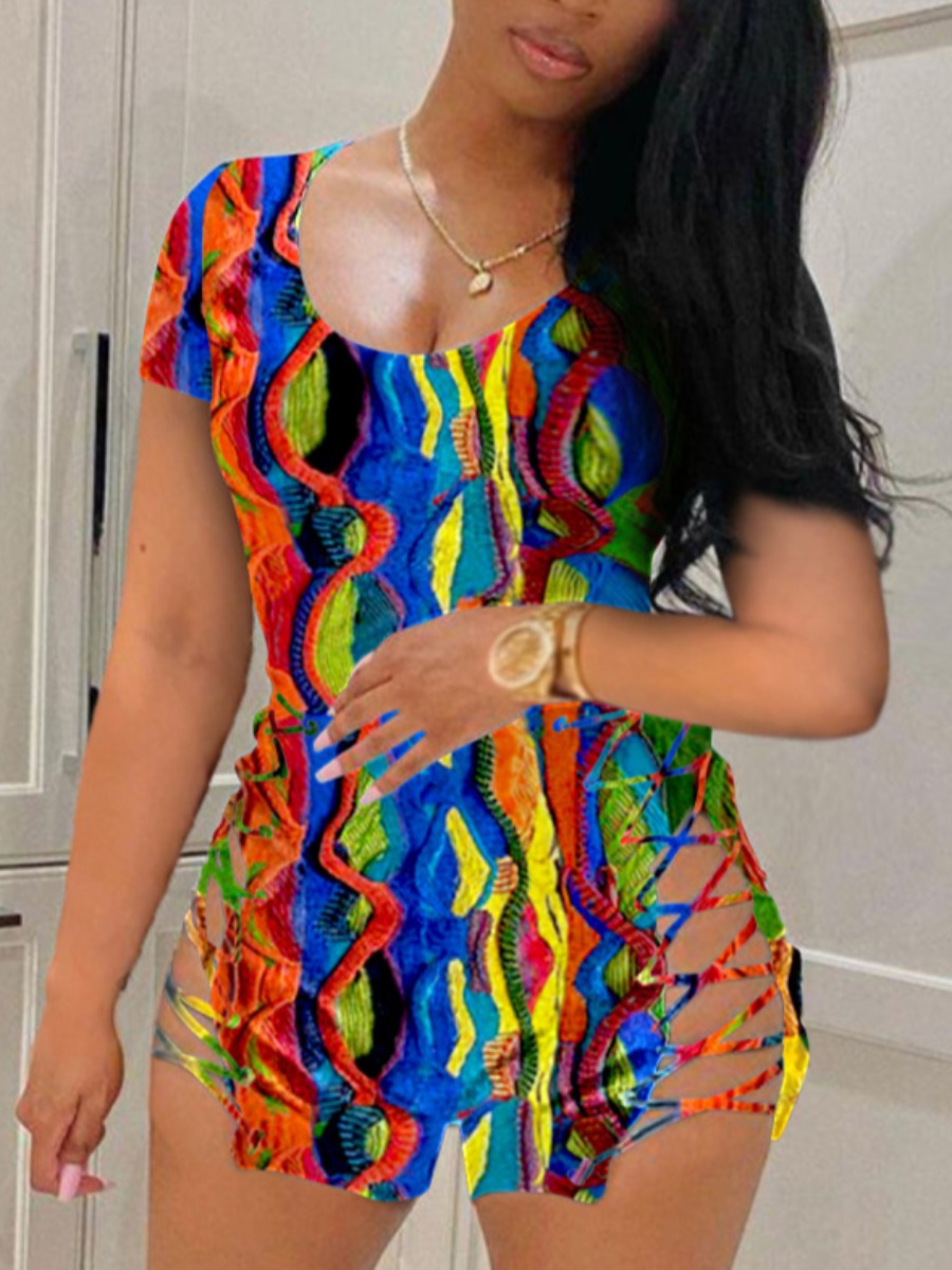 

Lovely Casual Print Bandage Hollow-out Design Multicolor One-piece Romper, Multi