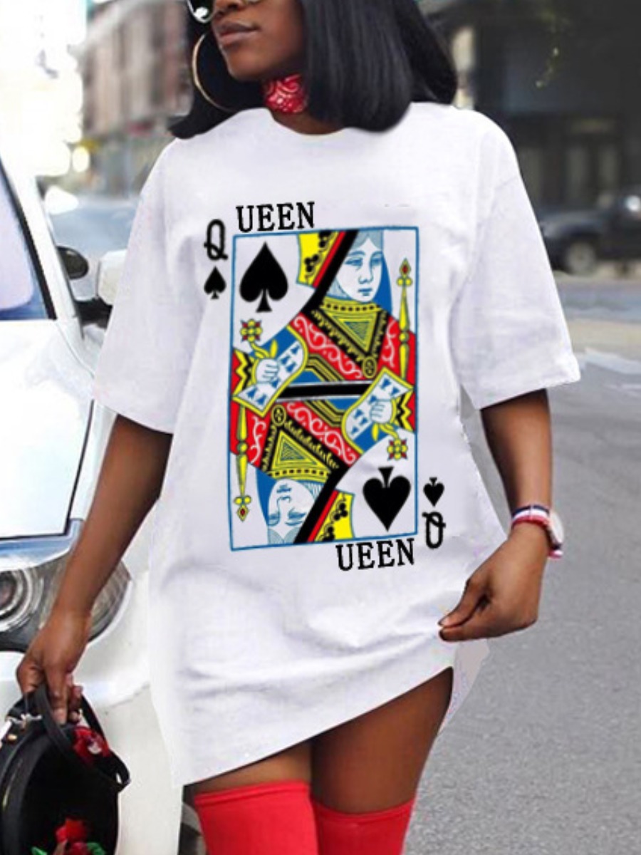 

Lovely Plus Size Street Poker Letter Print White Mini Dress