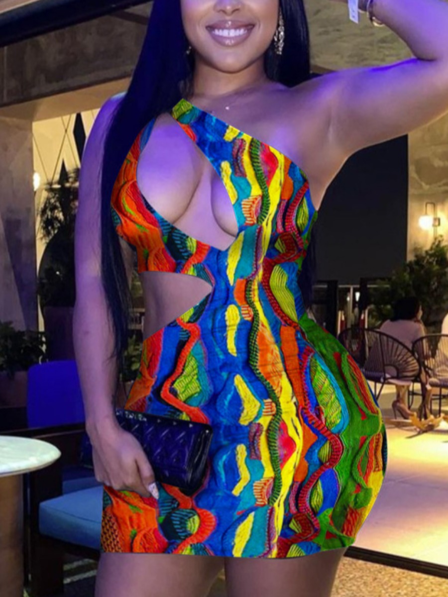 

Lovely Sweet One Shoulder Hollow-out Multicolor Mini Dress, Multi
