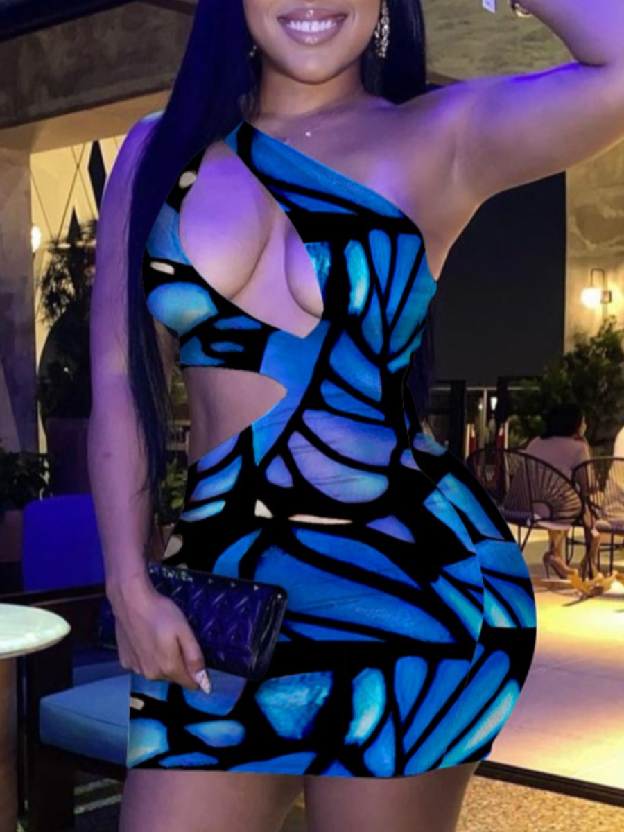 

Lovely Sweet One Shoulder Hollow-out Deep Blue Mini Dress