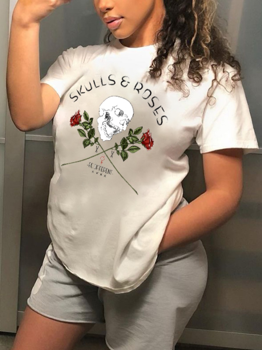 

Lovely Street O Neck Floral Letter Print White T-shirt