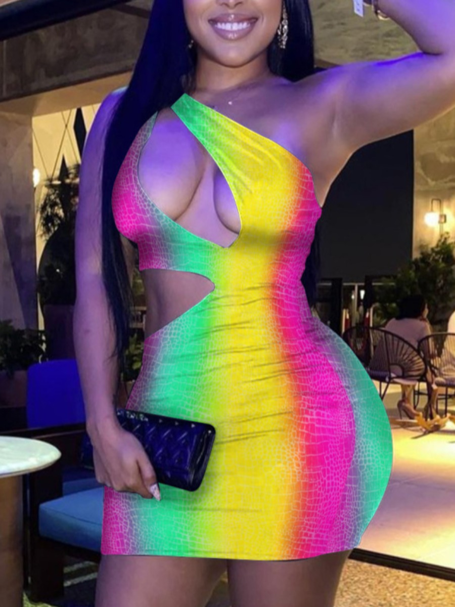 

Lovely Sweet One Shoulder Gradient Hollow-out Multicolor Mini Dress, Multi