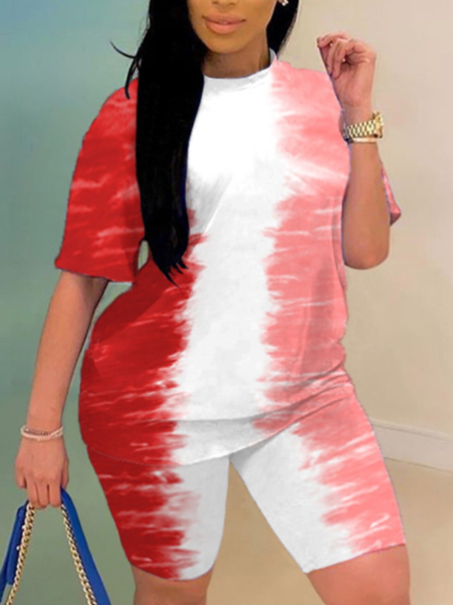 

Lovely Plus Size Casual O Neck Tie-dye Red Two-piece Shorts Set