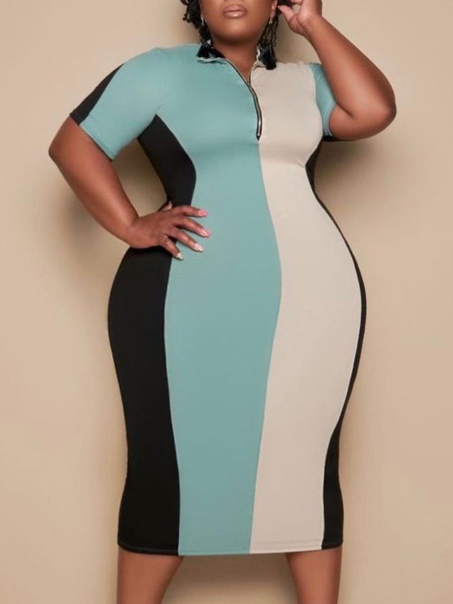 

LW Plus Size Street Striped Patchwork Baby Blue Knee Length Dress