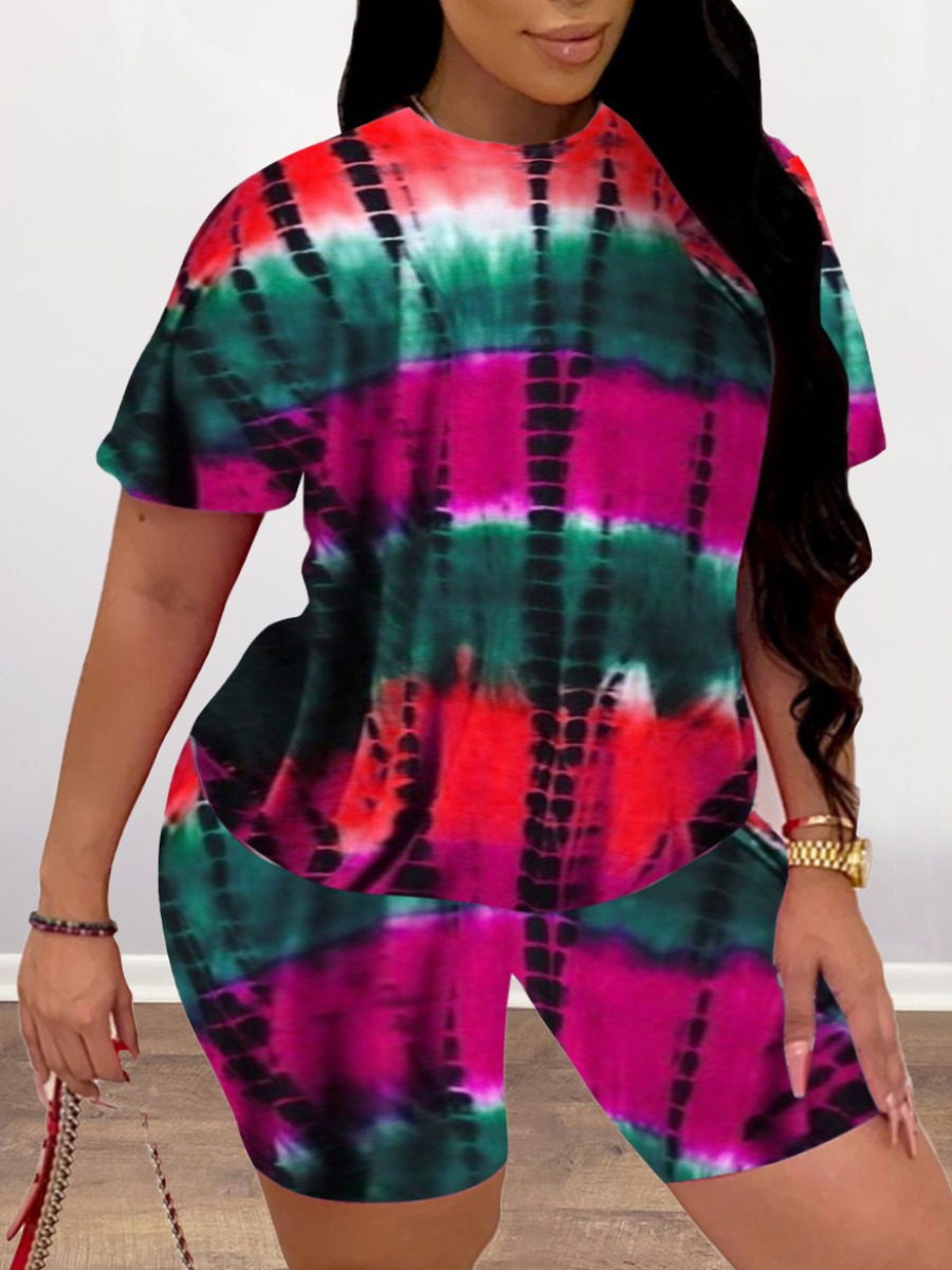

Lovely Plus Size Casual O Neck Tie-dye Red Two-piece Shorts Set