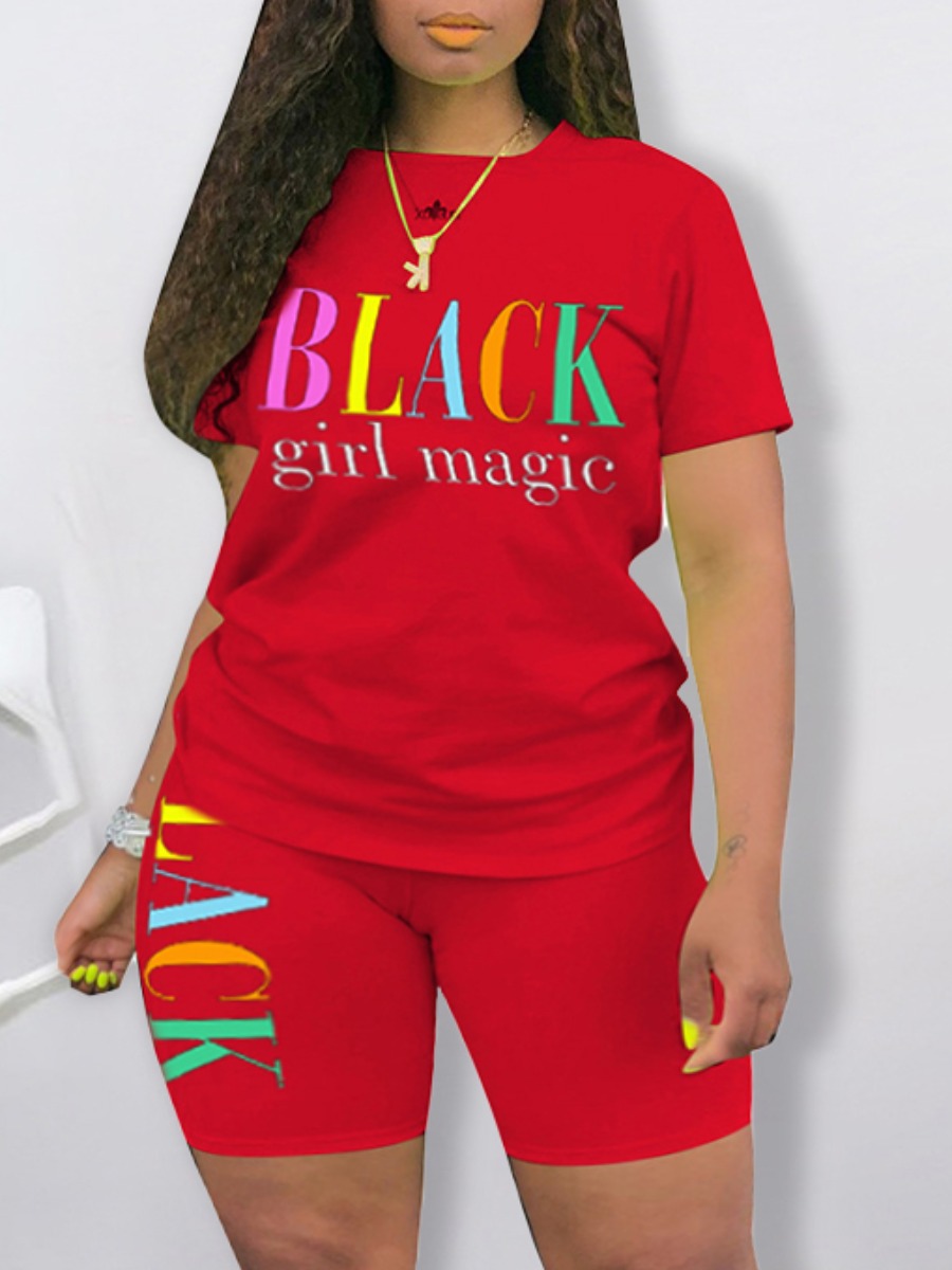 

Lovely Plus Size Casual O Neck Letter Print Red Two-piece Shorts Set