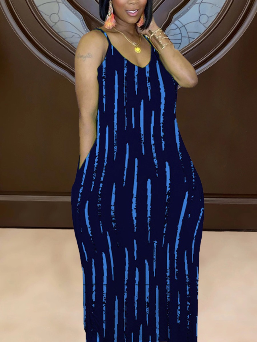 

Lovely Plus Size Casual U Neck Striped Dark Blue Floor Length Dress