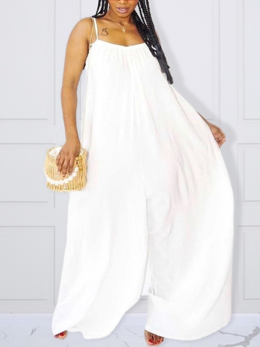 

Lovely Plus Size Casual Spaghetti Strap Loose White One-piece Jumpsuit