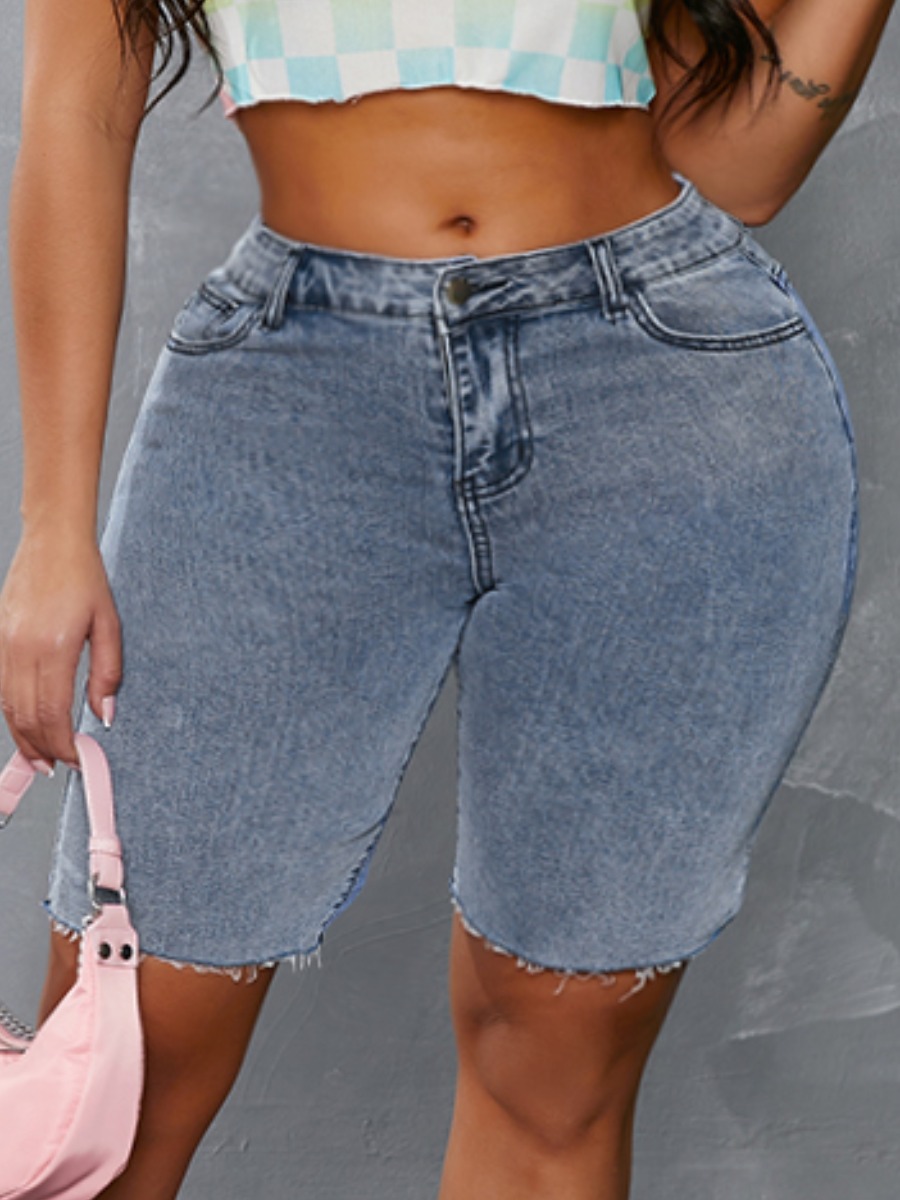 

Lovely Casual High-waisted Raw Edge Blue Denim Shorts