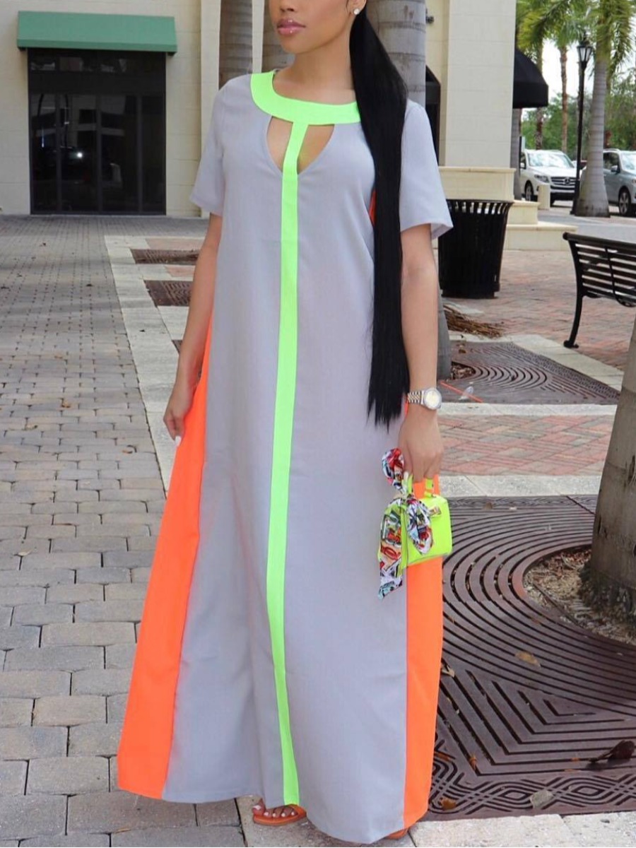 

Lovely Casual Color-lump Hollow-out Grey Floor Length Dress