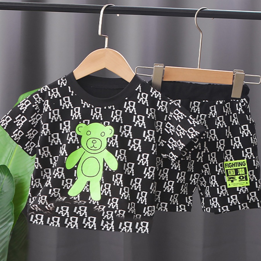 

Lovely Boy Casual Cartoon Letter Print Black Two Piece Shorts Set