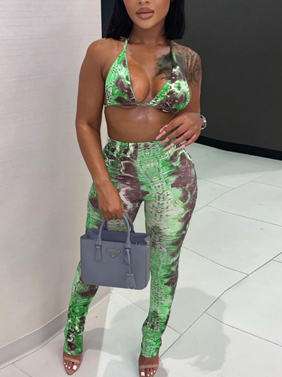 

Lovely Sexy Animal Print Bandage Design Green Two Piece Pants Set