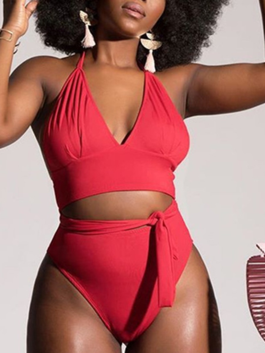 

LW Boho V Neck High-waisted Red Two-piece Swimsuit