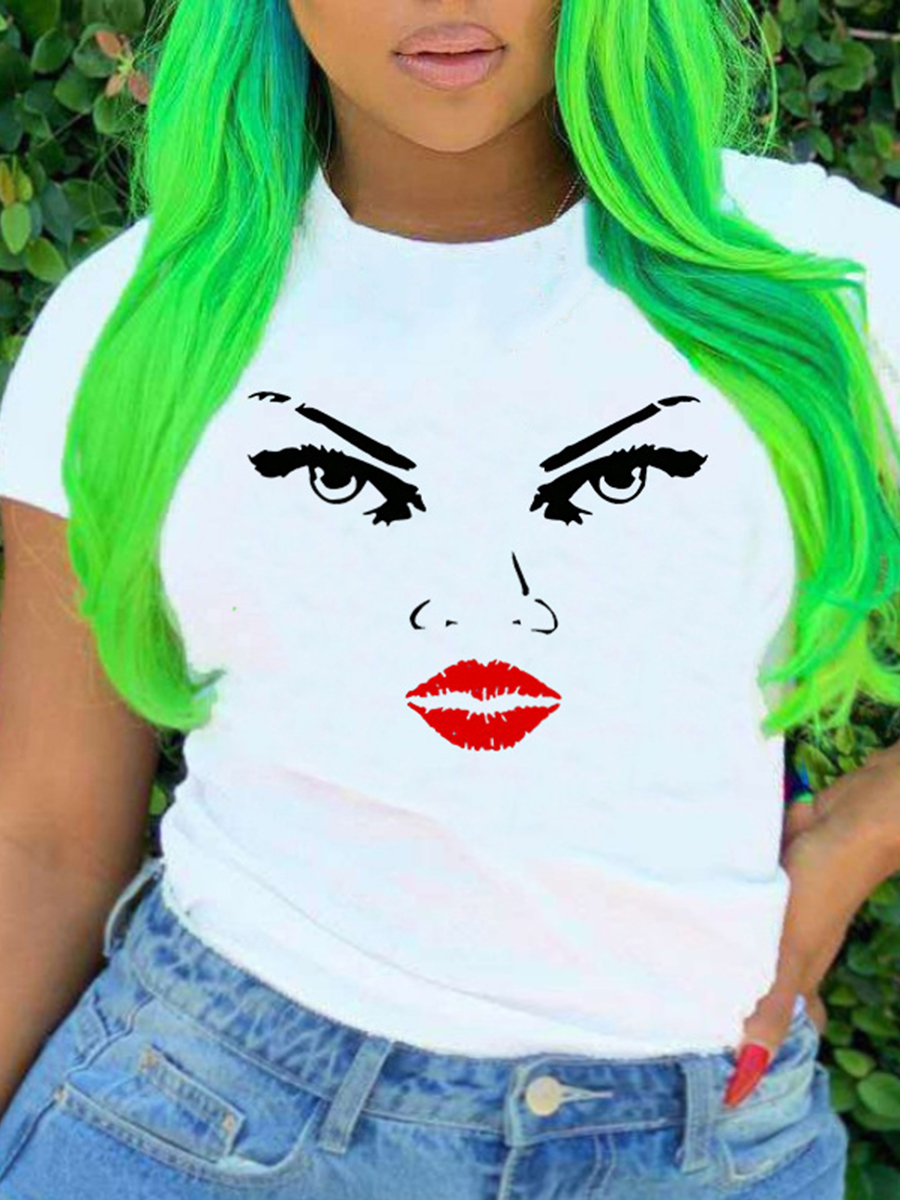 

Lovely Plus Size Casual O Neck Lip Print White T-shirt