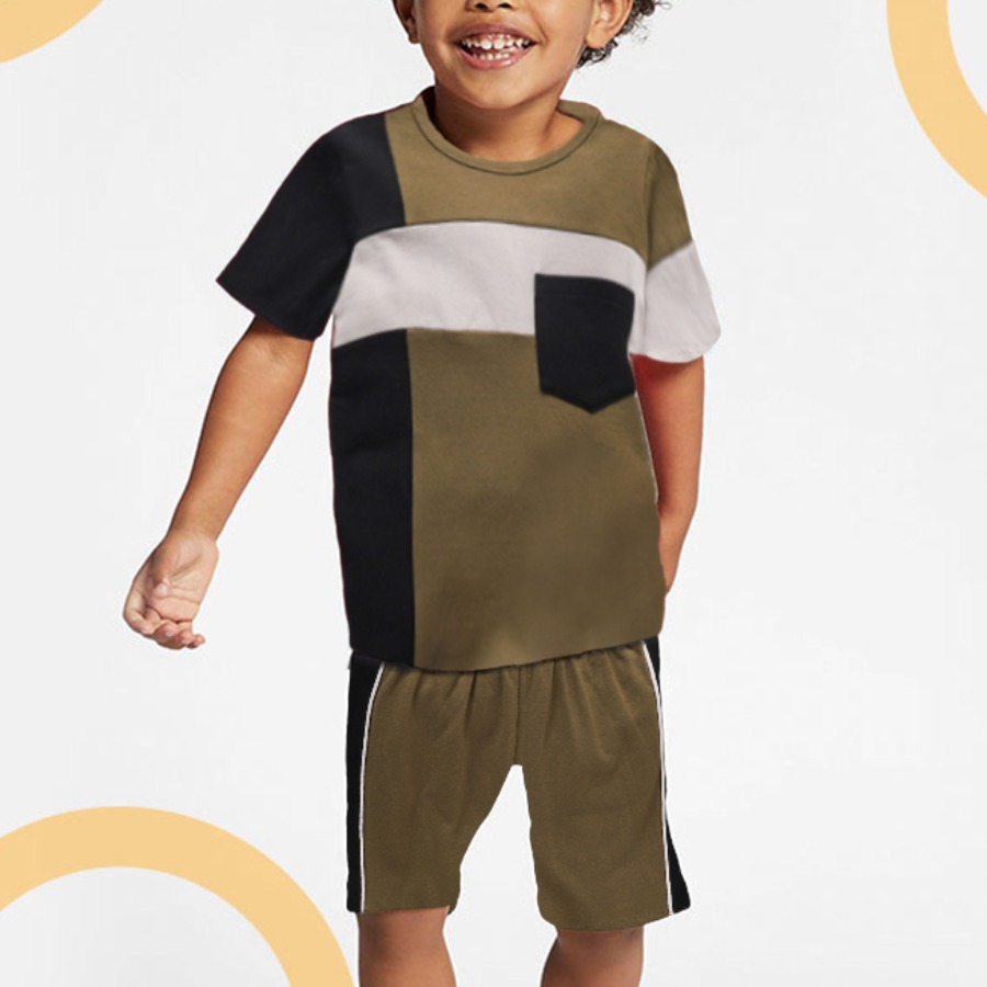 

Lovely Boy Sporty Color-lump Patchwork Green Two Piece Shorts Set