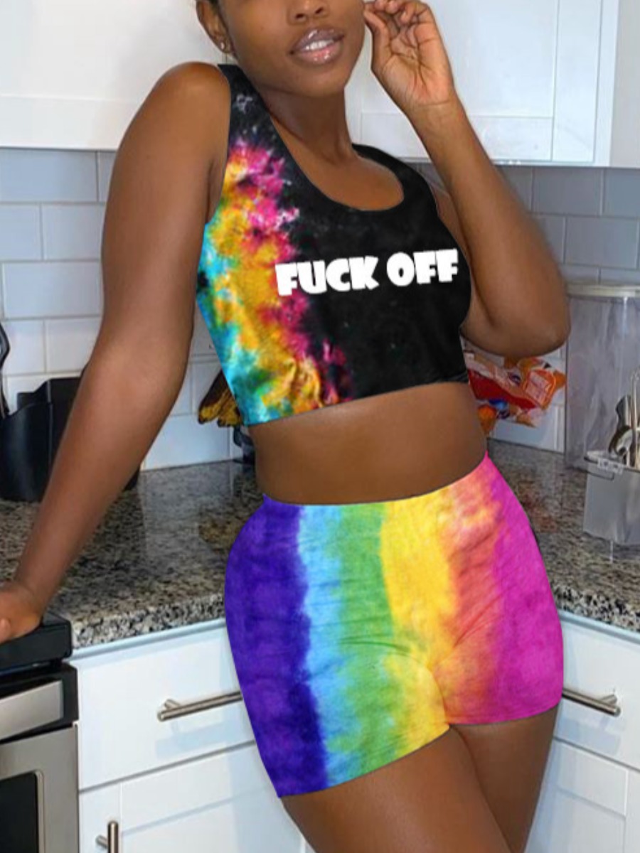 

Lovely Street Letter Print Tie Dye Black Two Piece Shorts Set