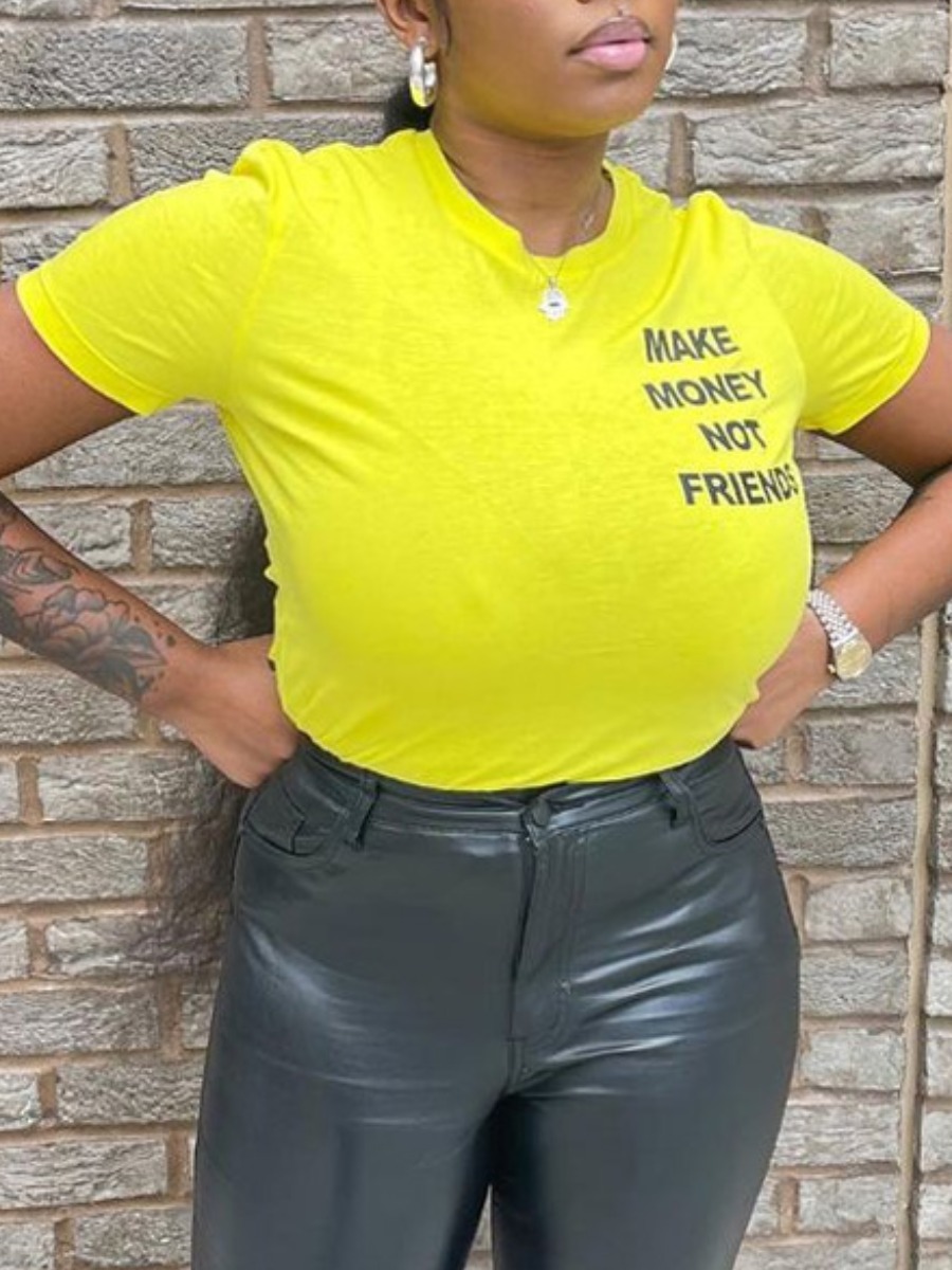 

Lovely Street O Neck Letter Print Yellow T-shirt