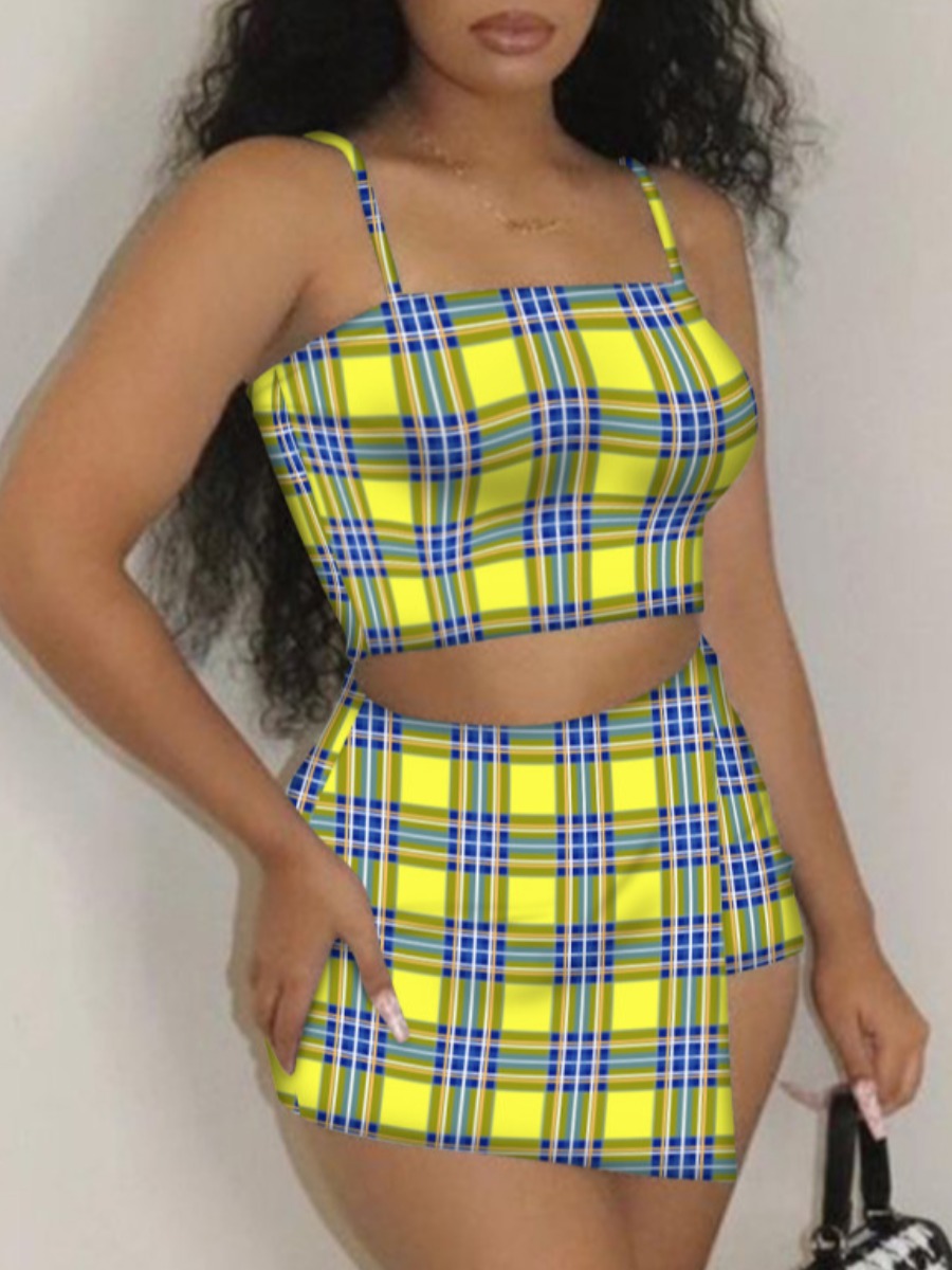 

Lovely Casual Plaid Print Patchwork Lemon Yellow Two Piece Skirt Set