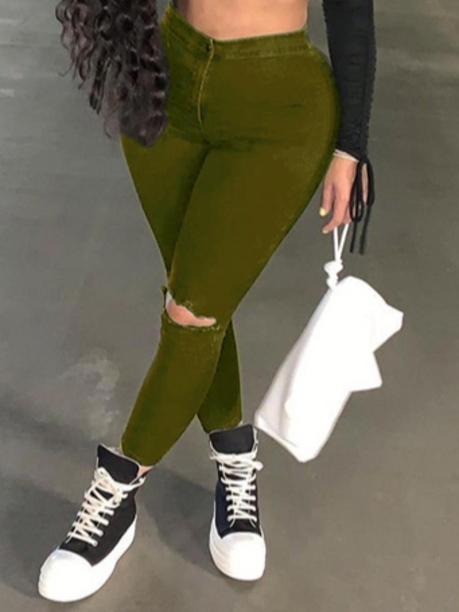 

LW Casual Mid Waist Ripped Army Green Jeans