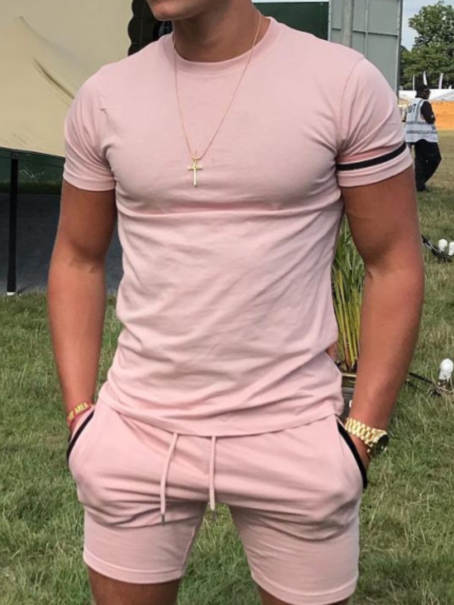 

Lovely Men Casual Striped Drawstring Pink Two Piece Shorts Set