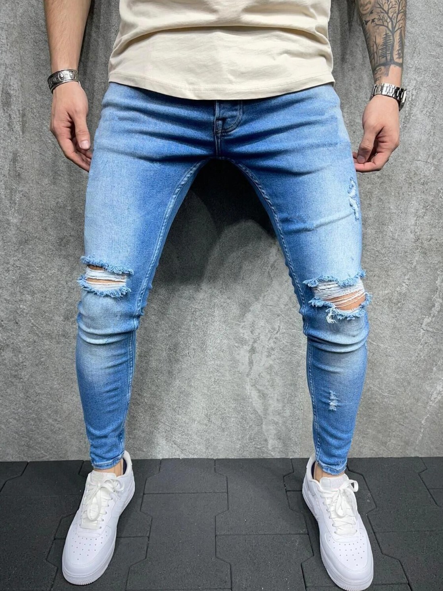 

Lovely Men Street Mid Waist Ripped Blue Jeans