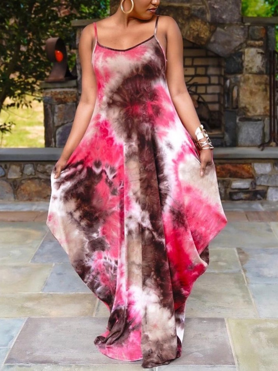 

Lovely Casual Tie-dye Fold Design Rose Red Floor Length Dress