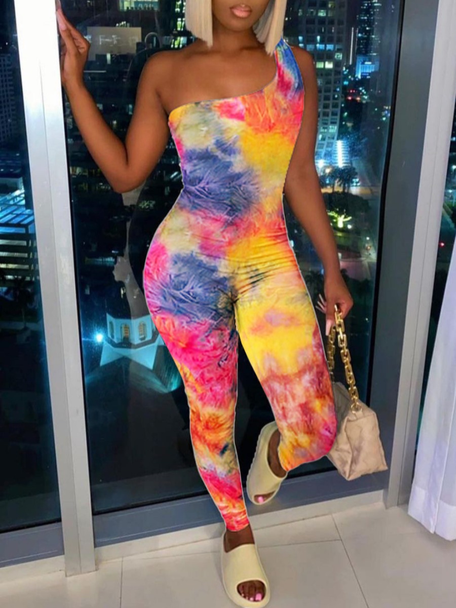 

Lovely Street One Shoulder Tie-dye Red One-piece Jumpsuit